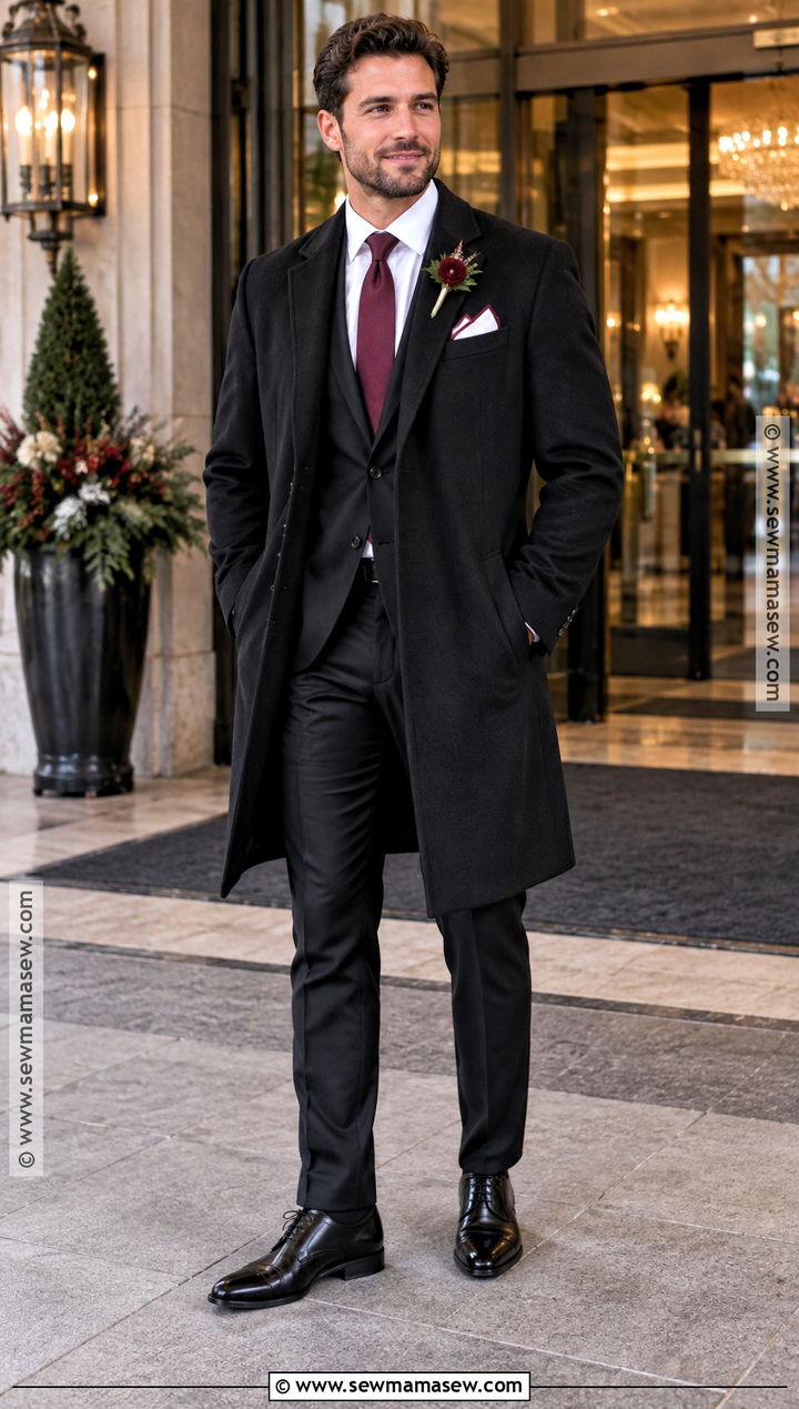 Black Suit With Burgundy Accessories For A November Wedding - 15 november wedding groom attire ideas