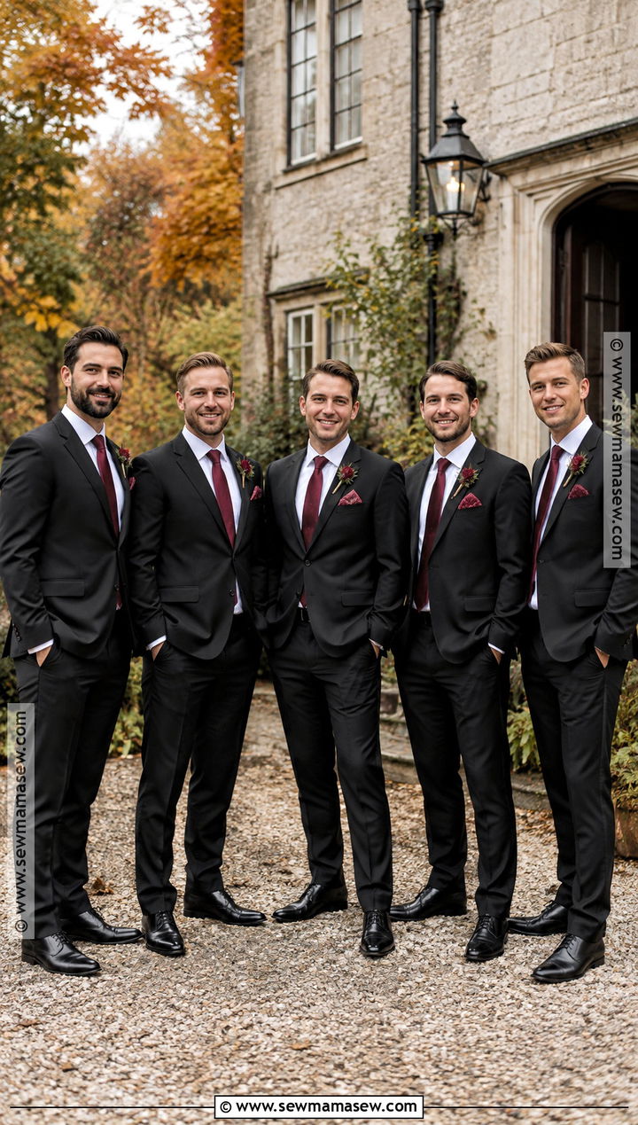 Black Suit With Burgundy Tie - 15 fall groomsmen attire black ideas