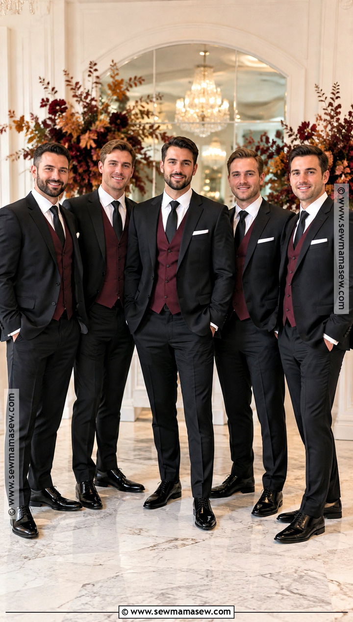 Black Suit With Burgundy Vest And Black Tie - 15 burgundy groomsmen attire fall wedding ideas