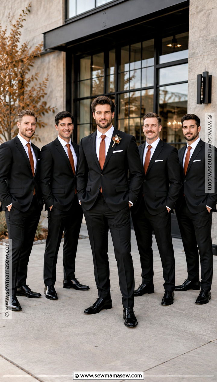 Black Suit With Burnt Orange Tie - 15 november groomsmen attire ideas