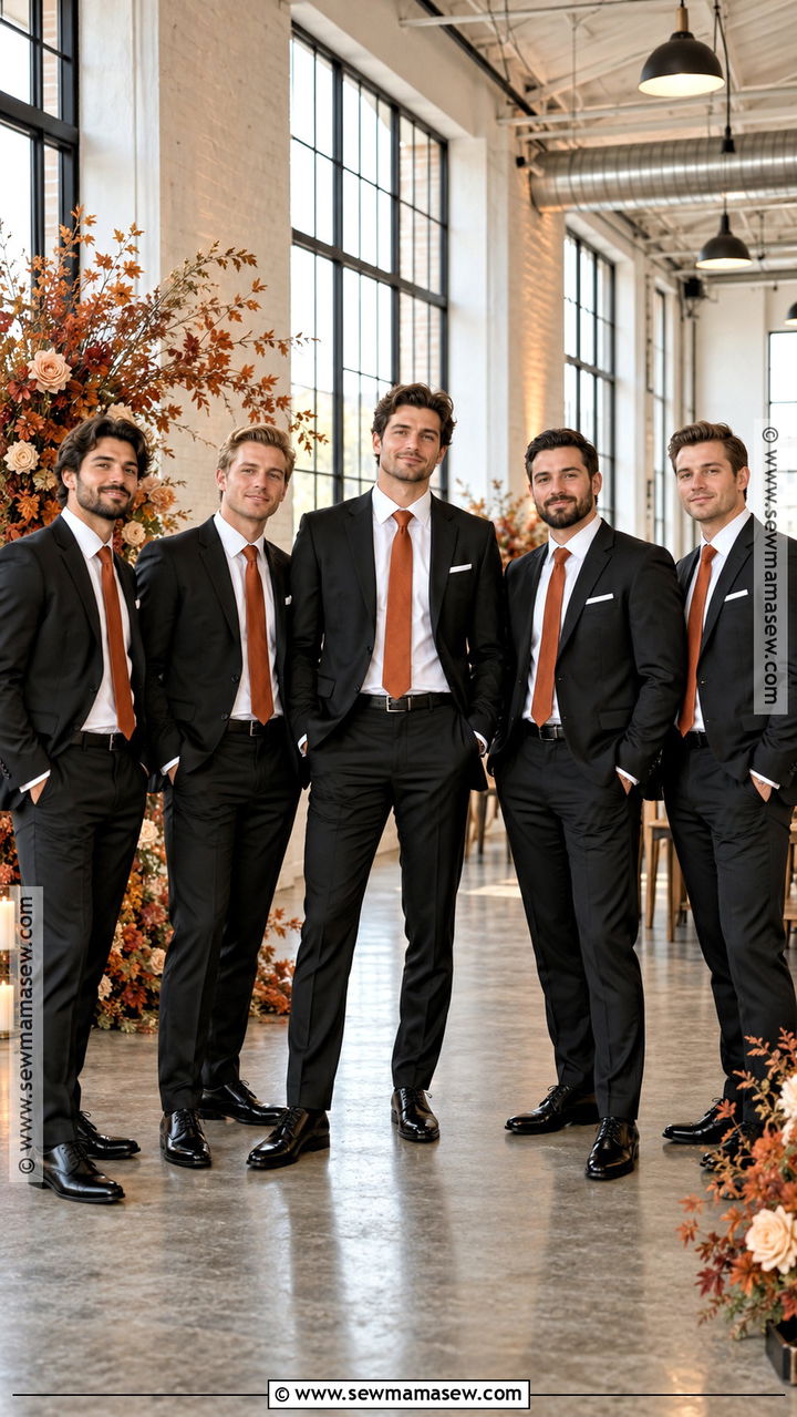 Black Suit With Burnt Orange Tie - 20 groomsmen fall wedding attire ideas