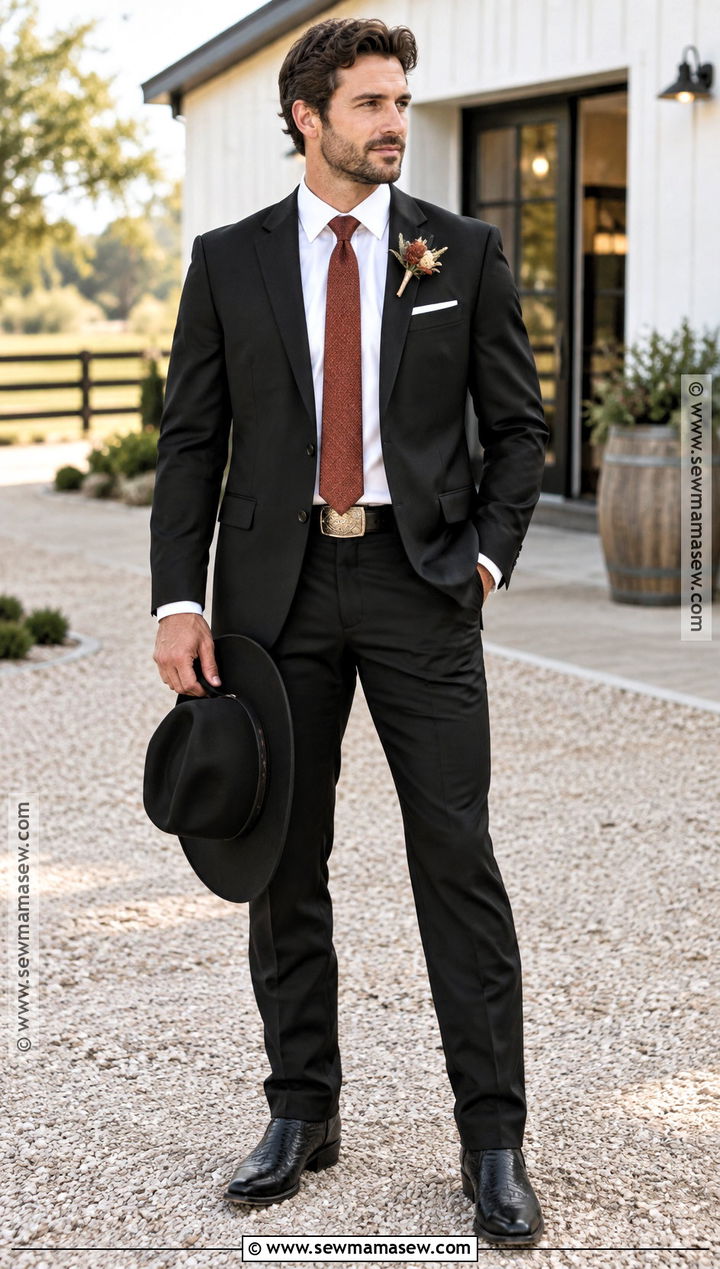 Black Suit With Cowboy Boots Groom Attire - 15 fall country wedding groom attire ideas