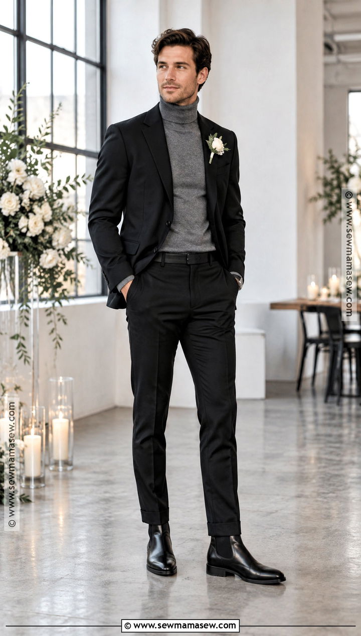 Black Suit With Gray Turtleneck - 15 fall casual groom attire ideas