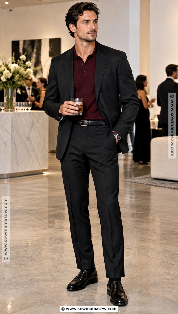 Black Suit With Knit Polo Fall Outfit - 15 fall outfit black ideas for men