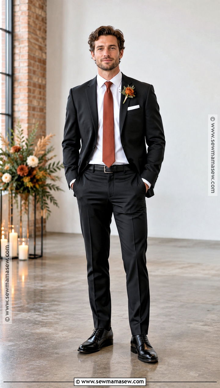 Black Suit With Rust Accessories October Groom Attire - 15 october groom attire ideas