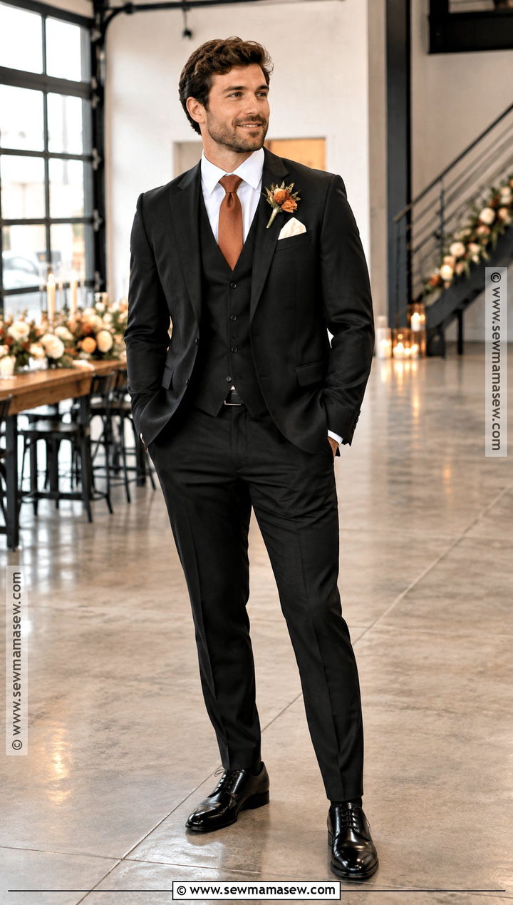 Black Suit With Rust Tie Groom Attire - 15 october wedding groom attire ideas