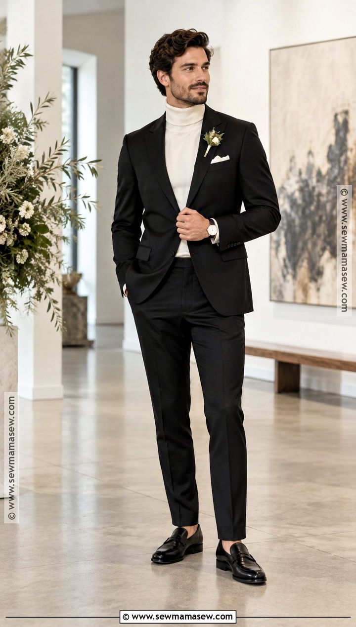 Black Suit With Turtleneck - 20 groom fall wedding attire ideas