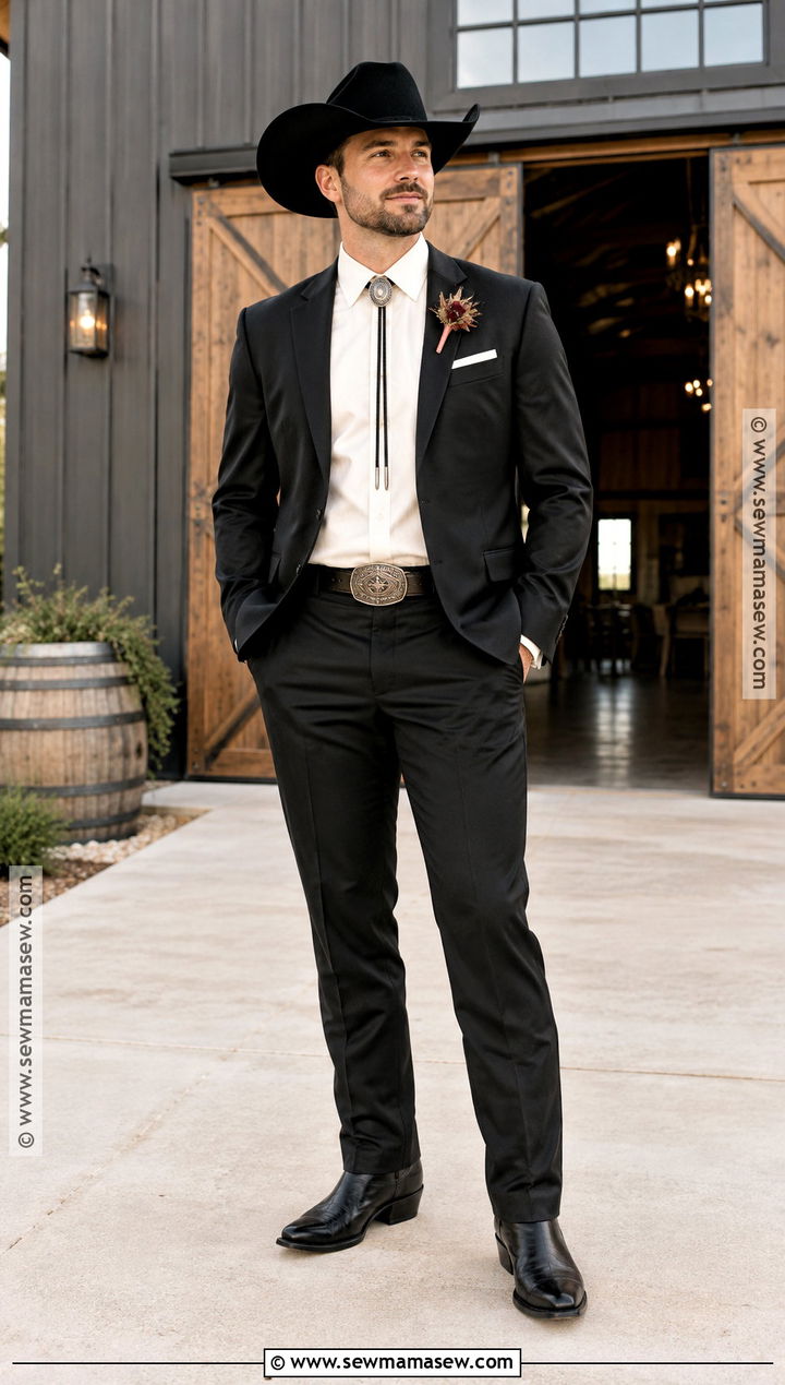 Black Suit With Western Accessories Fall Groom Attire - 15 fall groom attire rustic ideas