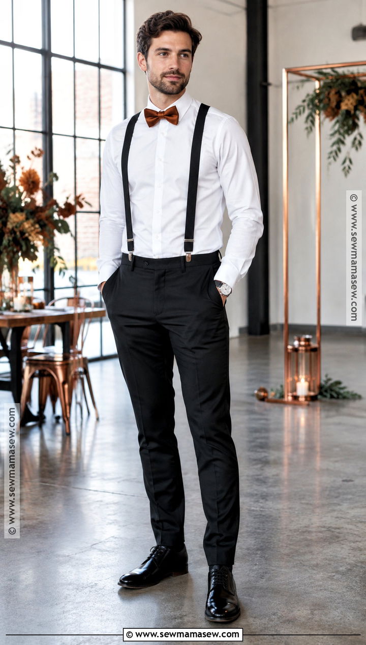 Black Suspenders And Copper Bow Tie Outfit - 15 Fall Wedding Suspenders Bow Ties Ideas