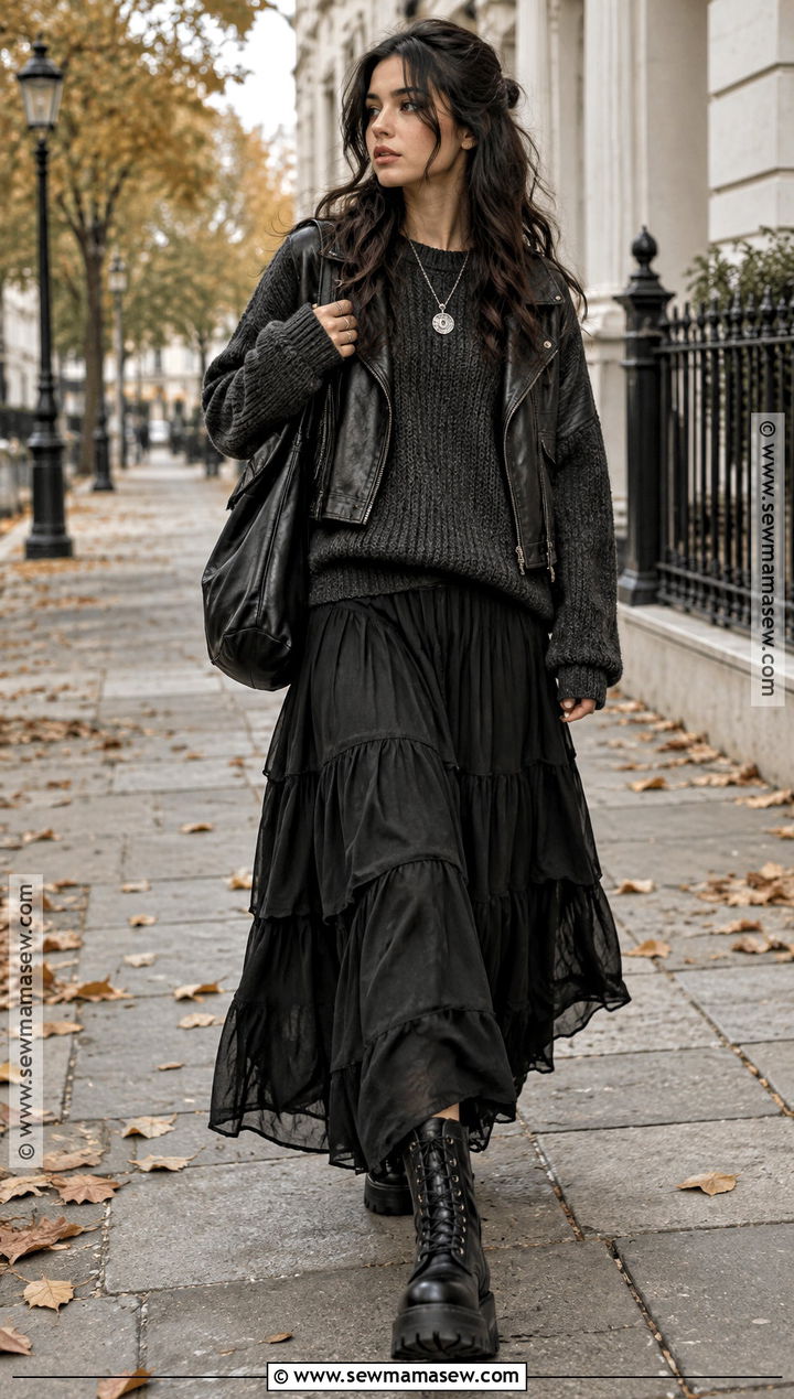 Black Sweater And Tiered Maxi Skirt Witchy Fall Outfit - 25 witchy fall outfits
