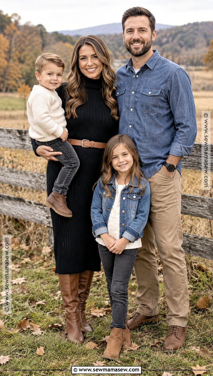 Black Sweater Dress With Denim Family Outfits - 15 Black Dress Fall Photoshoot Ideas for Family