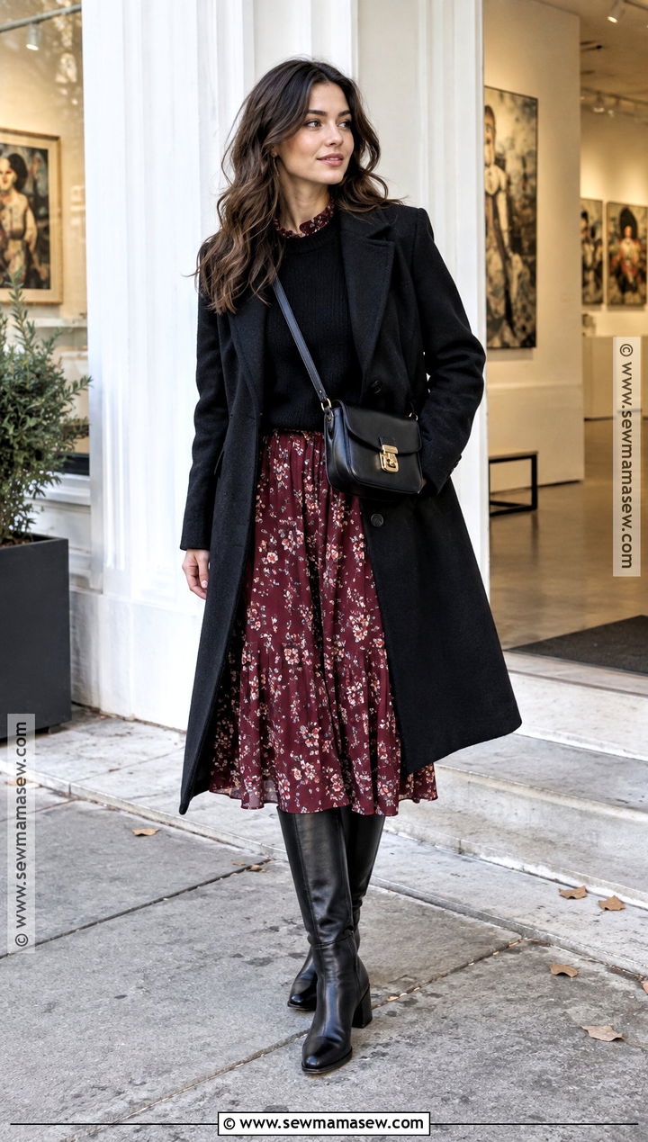 Black Sweater Over A Midi Dress - 15 cozy black sweater fall ideas