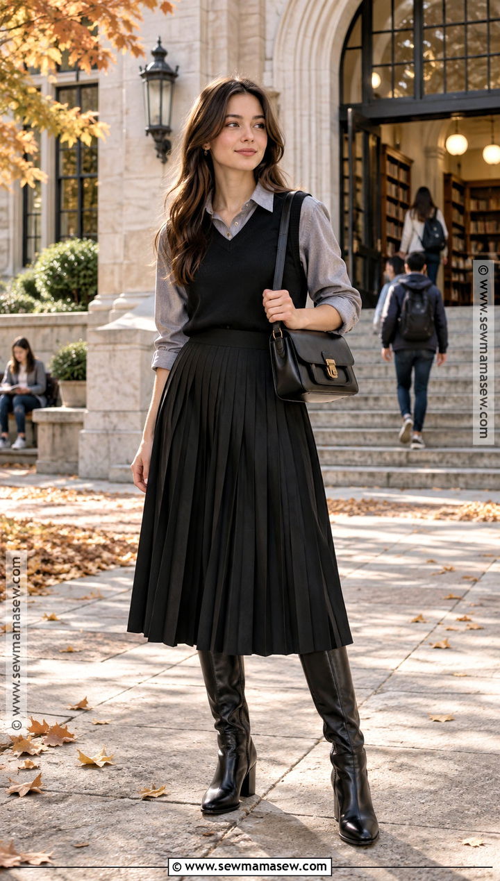 Black Sweater Vest And Pleated Skirt Outfit - 15 Autumn Black Outfit Style Ideas