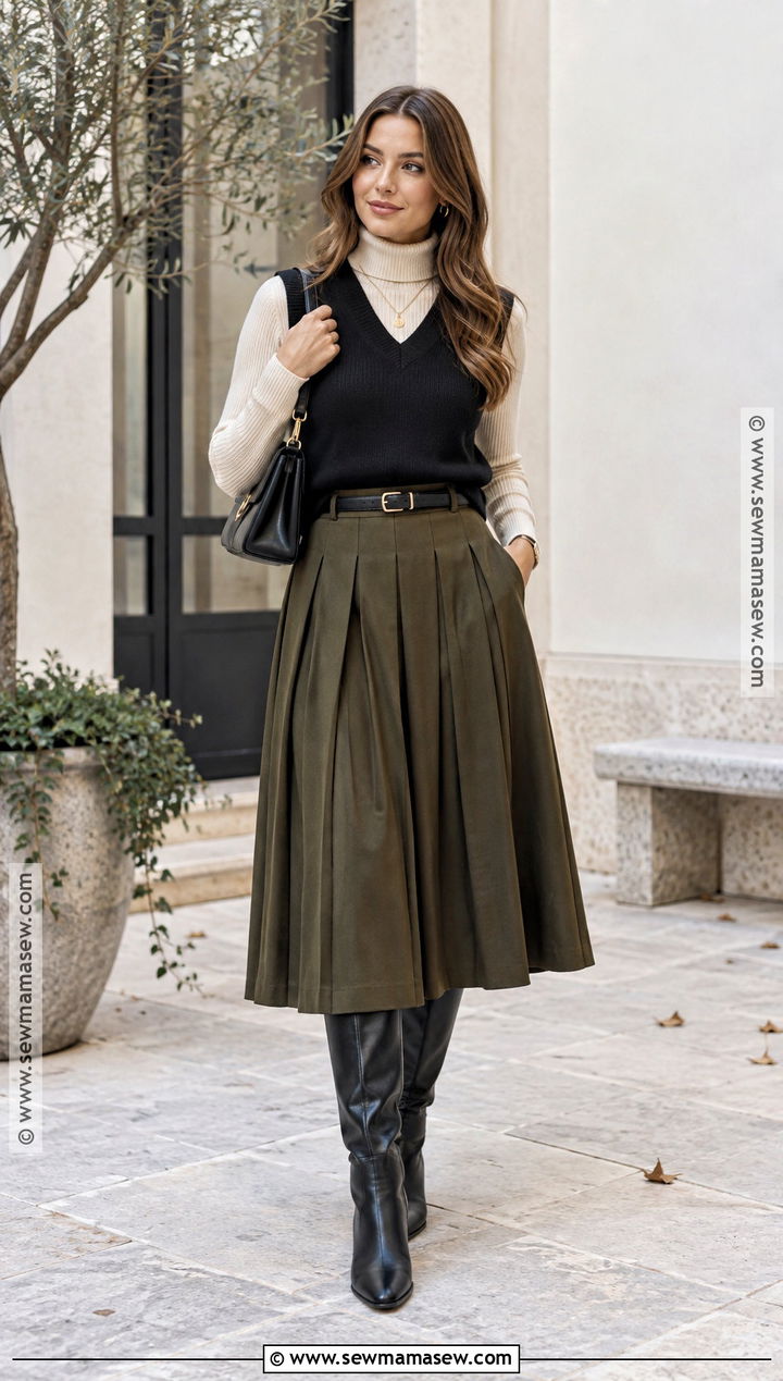 Black Sweater Vest With Turtleneck and Midi Skirt - 15 Black Vest Fall Outfits for Women