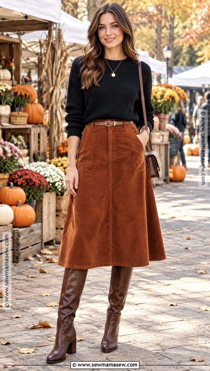 Black Sweater With Corduroy Midi Skirt - 15 cozy black sweater fall ideas