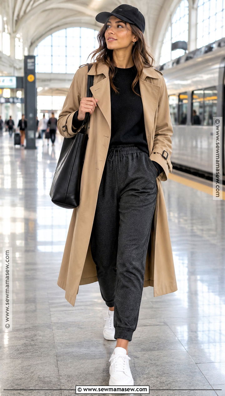 Black Sweater With Joggers And Trench Coat - 15 cozy black sweater fall ideas