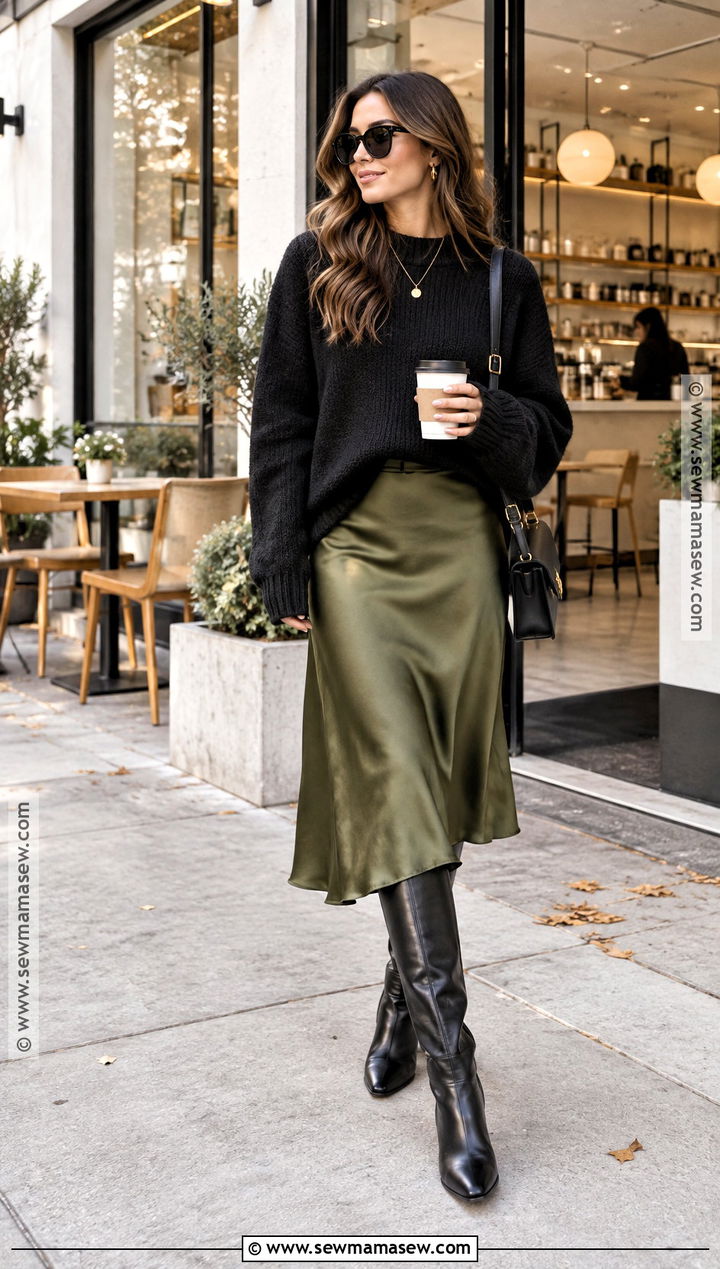 Black Sweater With Satin Midi Skirt - 15 cozy black sweater fall ideas