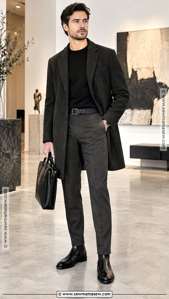 Black Sweater and Charcoal Trousers Fall Work Outfit - 15 fall work outfits for men
