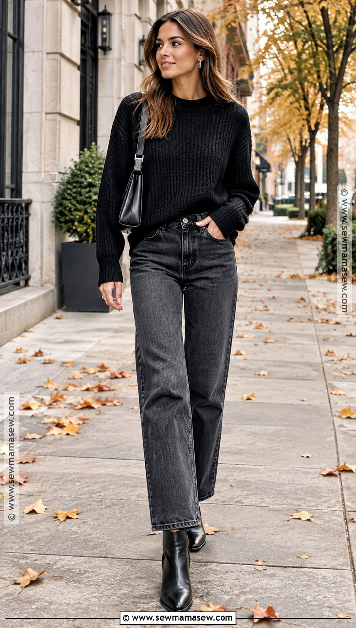 Black Sweater and Straight Leg Jeans Outfit - 20 Black Fall Outfits for Women