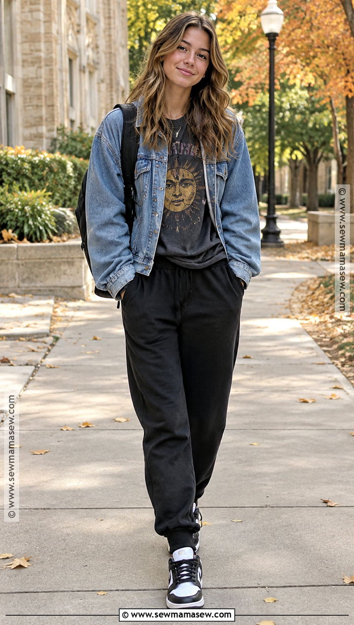 Black Sweatpants With Graphic Tee And Denim Jacket - 15 sweatpants outfit for school fall ideas