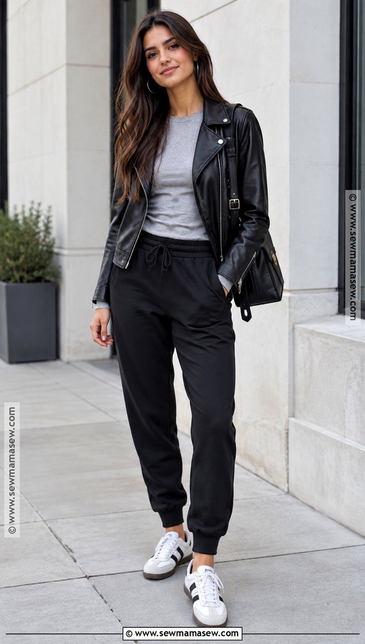Black Sweatpants With Leather Jacket - 25 fall sweatpants outfits