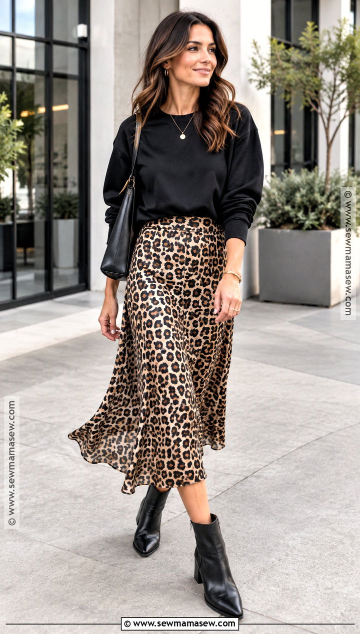 Black Sweatshirt With Leopard Midi Skirt - 25 fall sweatshirt ideas
