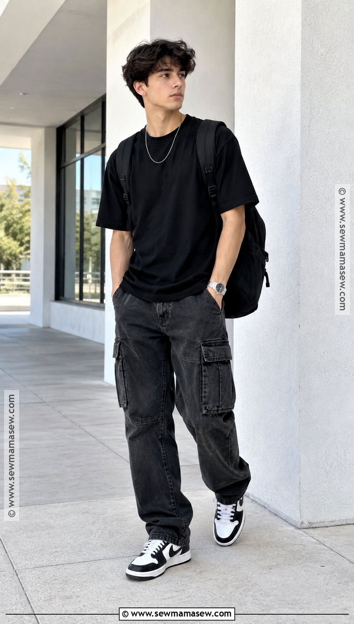 Black T Shirt And Cargo Pants Outfit For High School Boys - 20 Back To School Outfits Boys High School