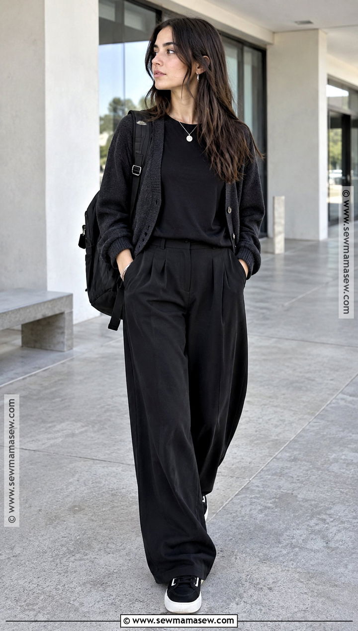 Black T Shirt And Wide Leg Pants Back To School Outfit - 15 back to school outfits inspiration