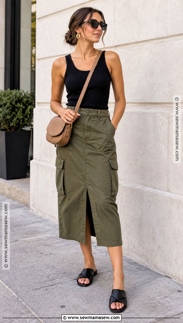Black Tank And Olive Cargo Skirt Fall Outfit - 15 warm climate fall fashion ideas