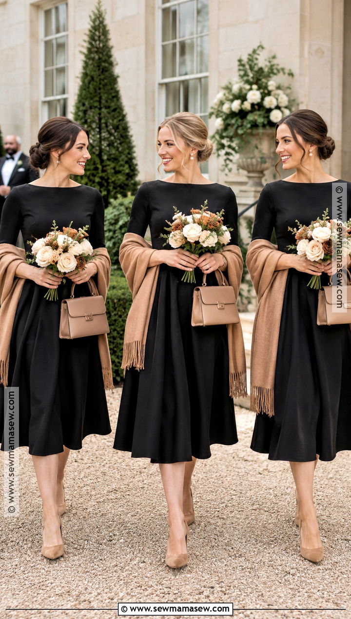 Black Tea Length Bridesmaid Dress With Camel Wrap - 15 Fall Wedding With Black Bridesmaid Dresses
