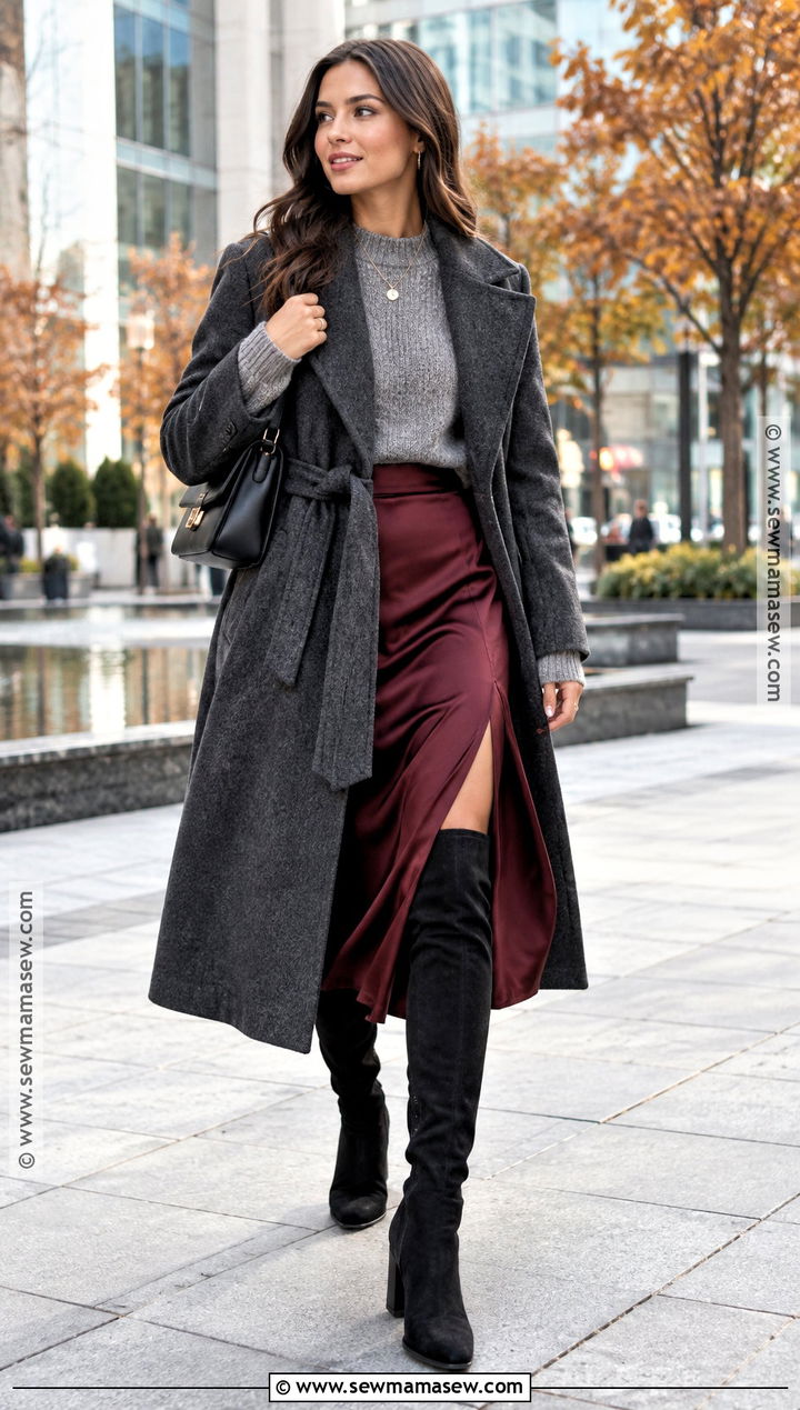 Black Thigh High Boots With Satin Skirt And Sweater - 15 Black Thigh High Boots Outfit Fall