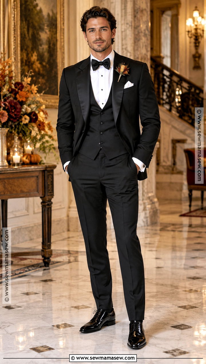 Black Three Piece Fall Wedding Tuxedo - 20 fall wedding tux groom attire ideas