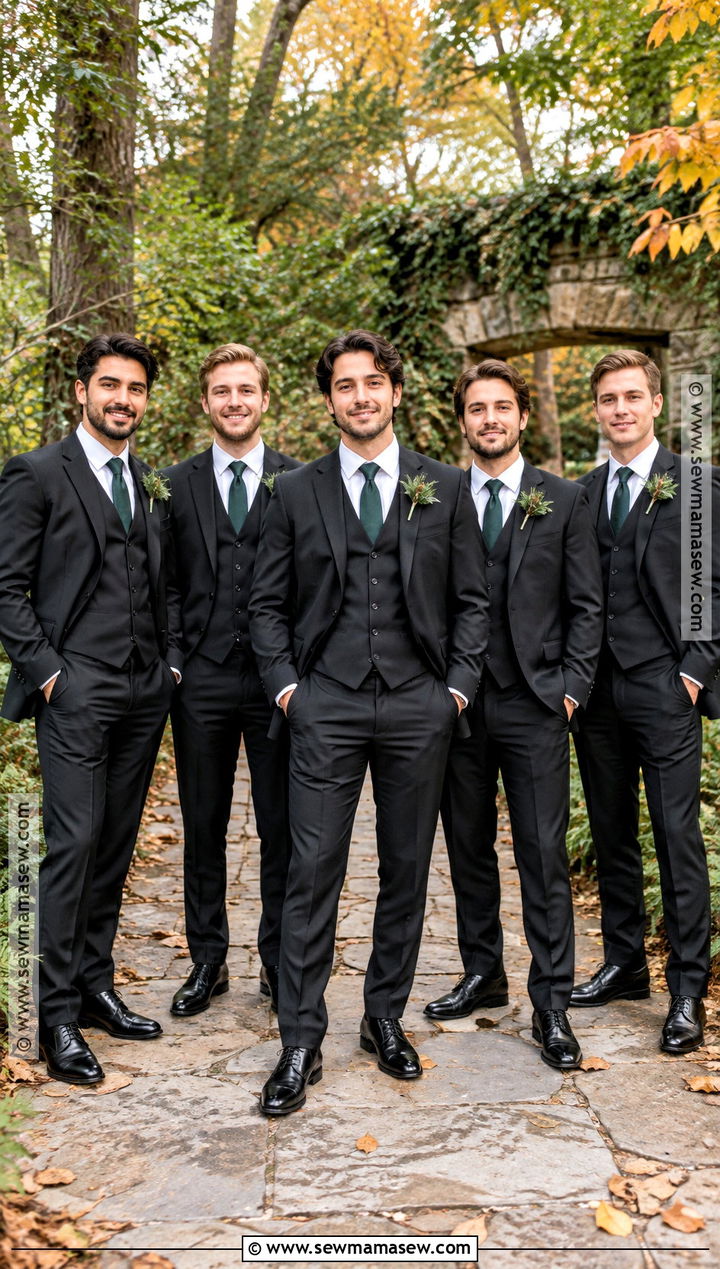 Black Three Piece Groomsmen Suit With Green Tie - 15 fall wedding groomsmen attire black ideas