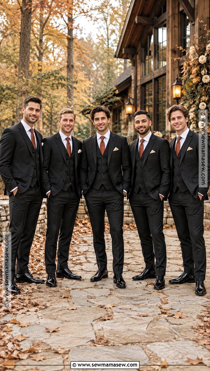 Black Three Piece Suit With Rust Tie - 15 fall groomsmen attire black ideas