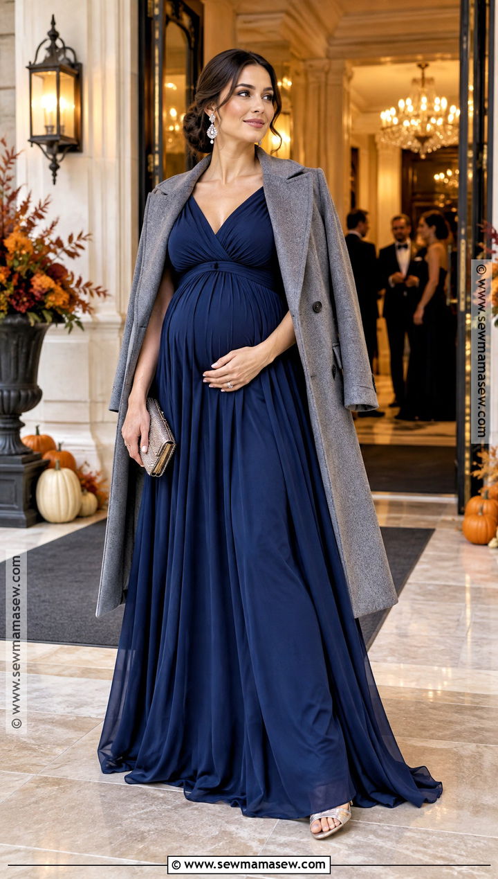 Black Tie Maternity Gown and Low Heels Outfit - 15 dressy maternity outfits fall
