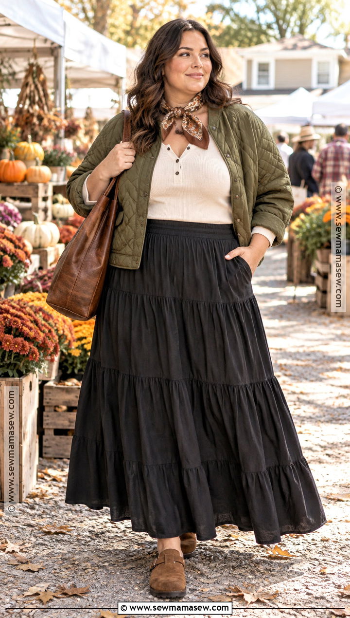 Black Tiered Maxi Skirt With Fitted Tee And Quilted Jacket - 20 black skirt autumn outfit ideas