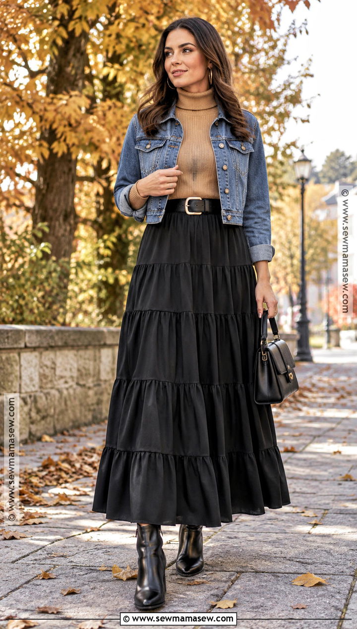 Black Tiered Maxi Skirt With Fitted Turtleneck - 25 black maxi skirt outfit fall ideas
