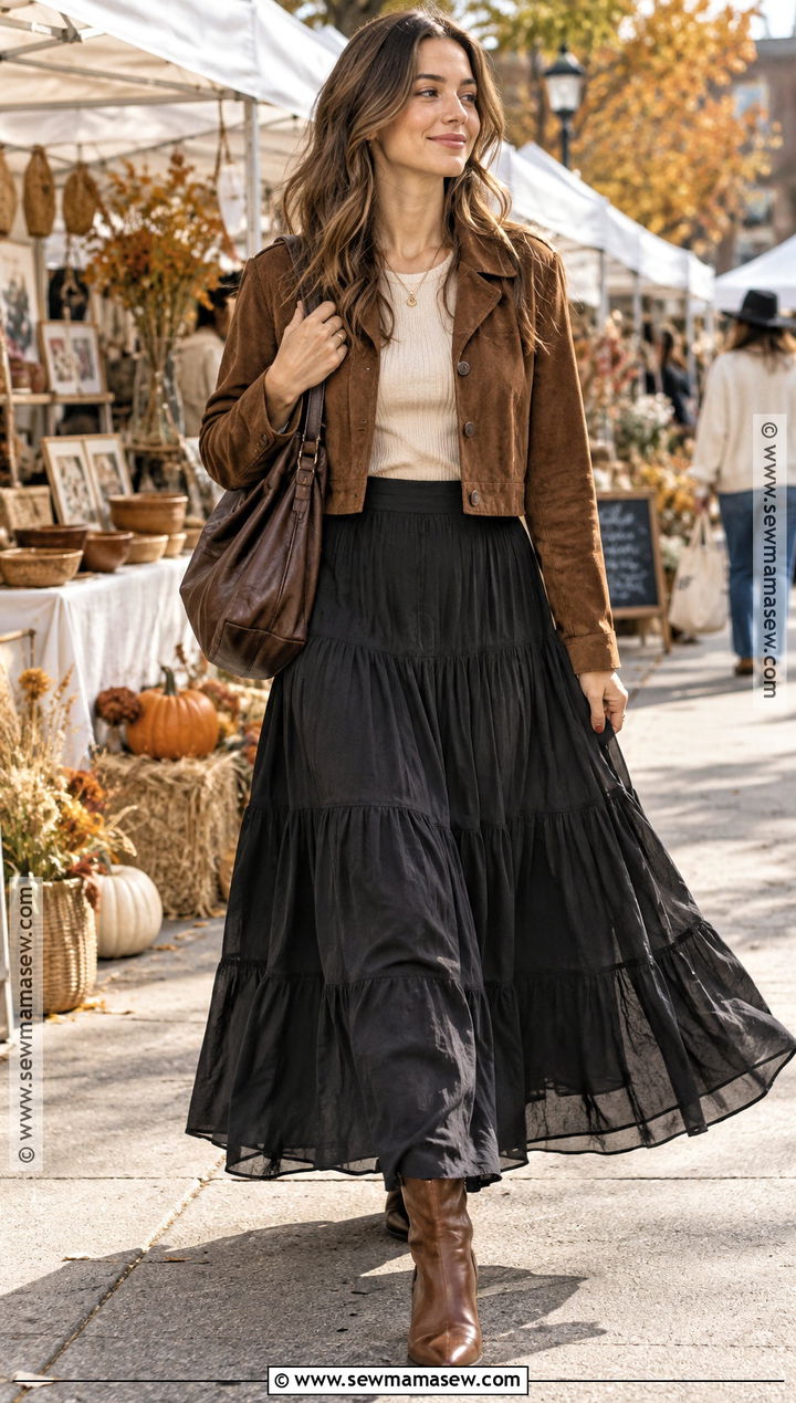 Black Tiered Maxi Skirt With Suede Jacket And Ankle Boots - 20 fall black skirt outfits