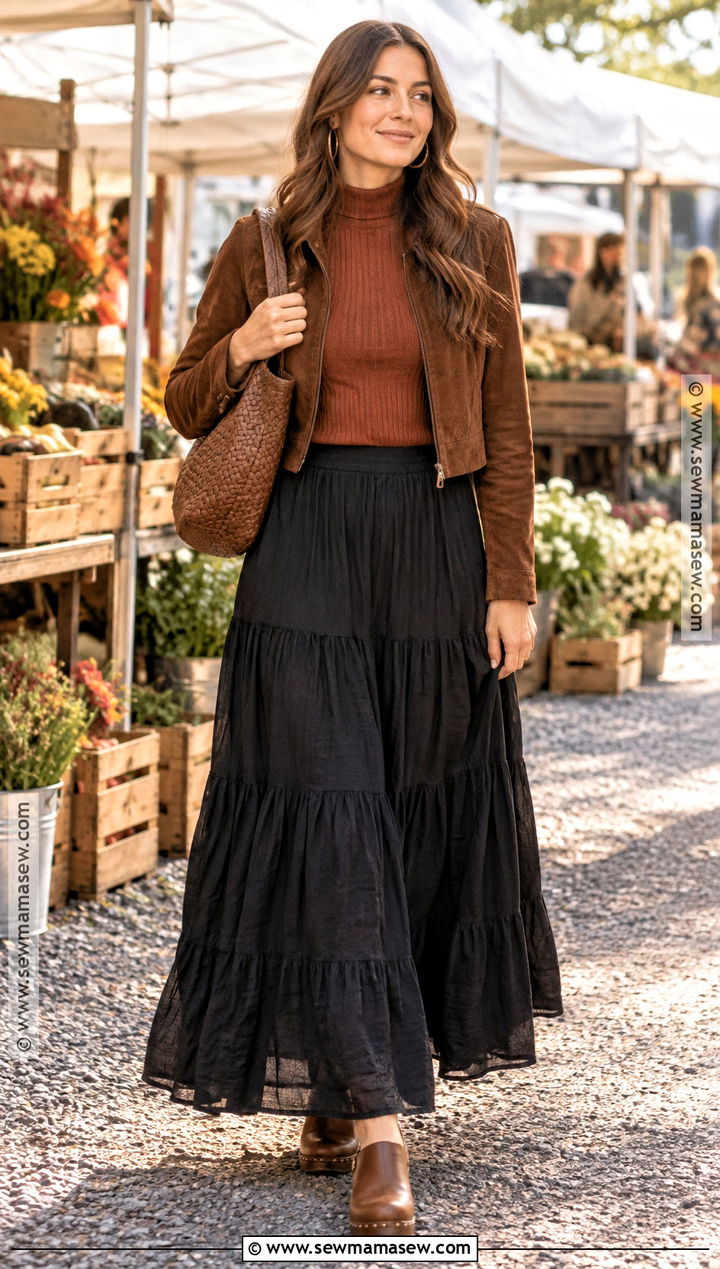 Black Tiered Skirt With Mock Neck Top And Clogs - 25 black skirt fall outfit ideas