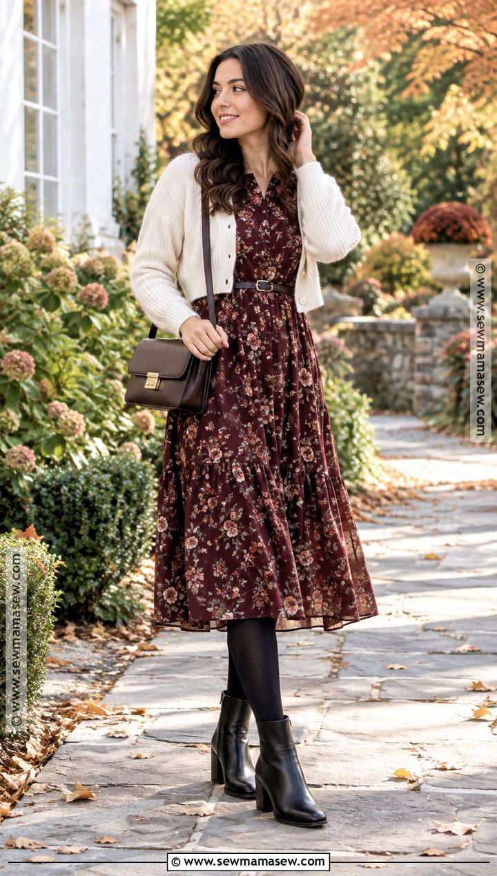 Black Tights With Floral Midi Dress and Cardigan - 20 black tights outfit fall ideas