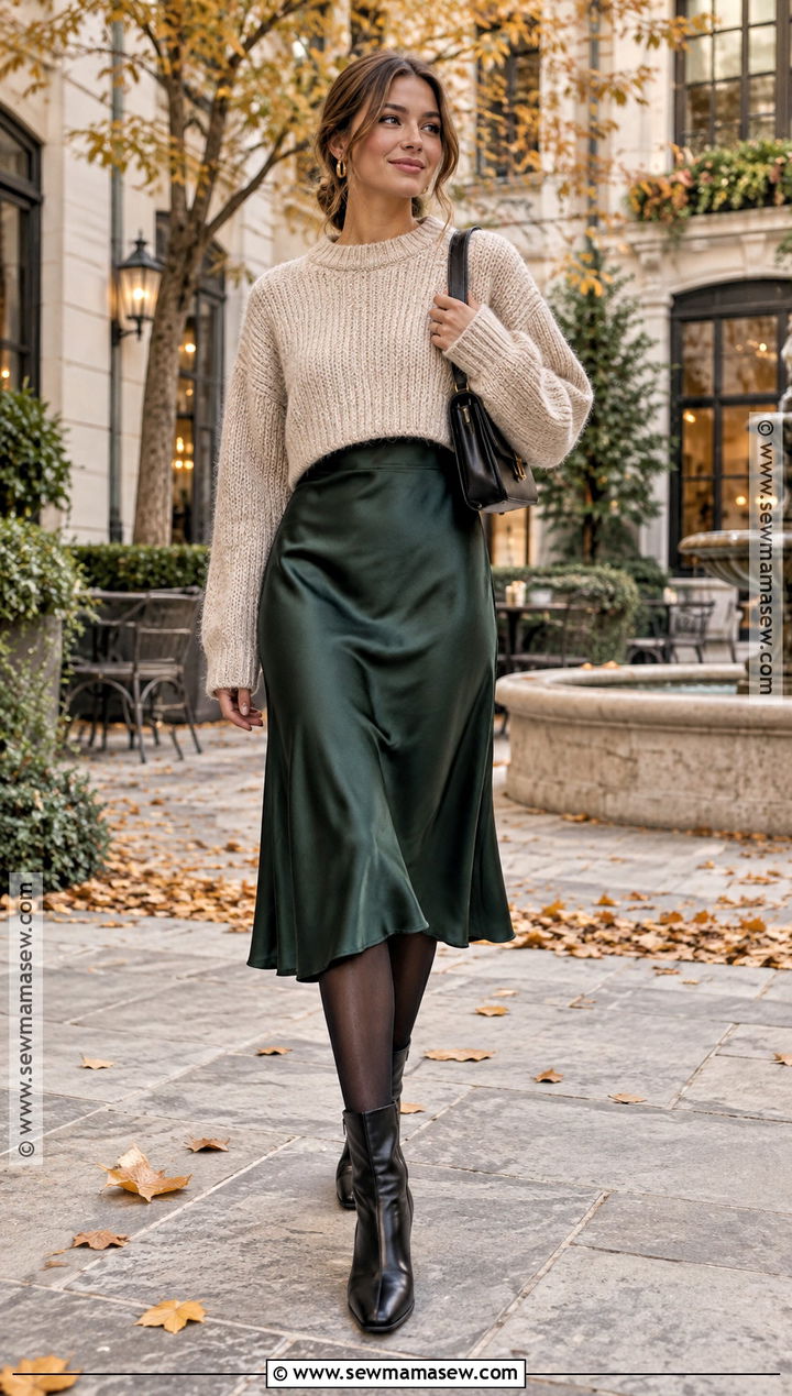 Black Tights With Slip Dress and Chunky Sweater - 20 black tights outfit fall ideas