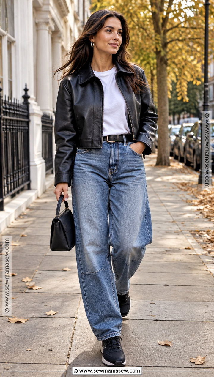Black Trainers With Leather Jacket And Barrel Jeans - 20 autumn trainers ideas