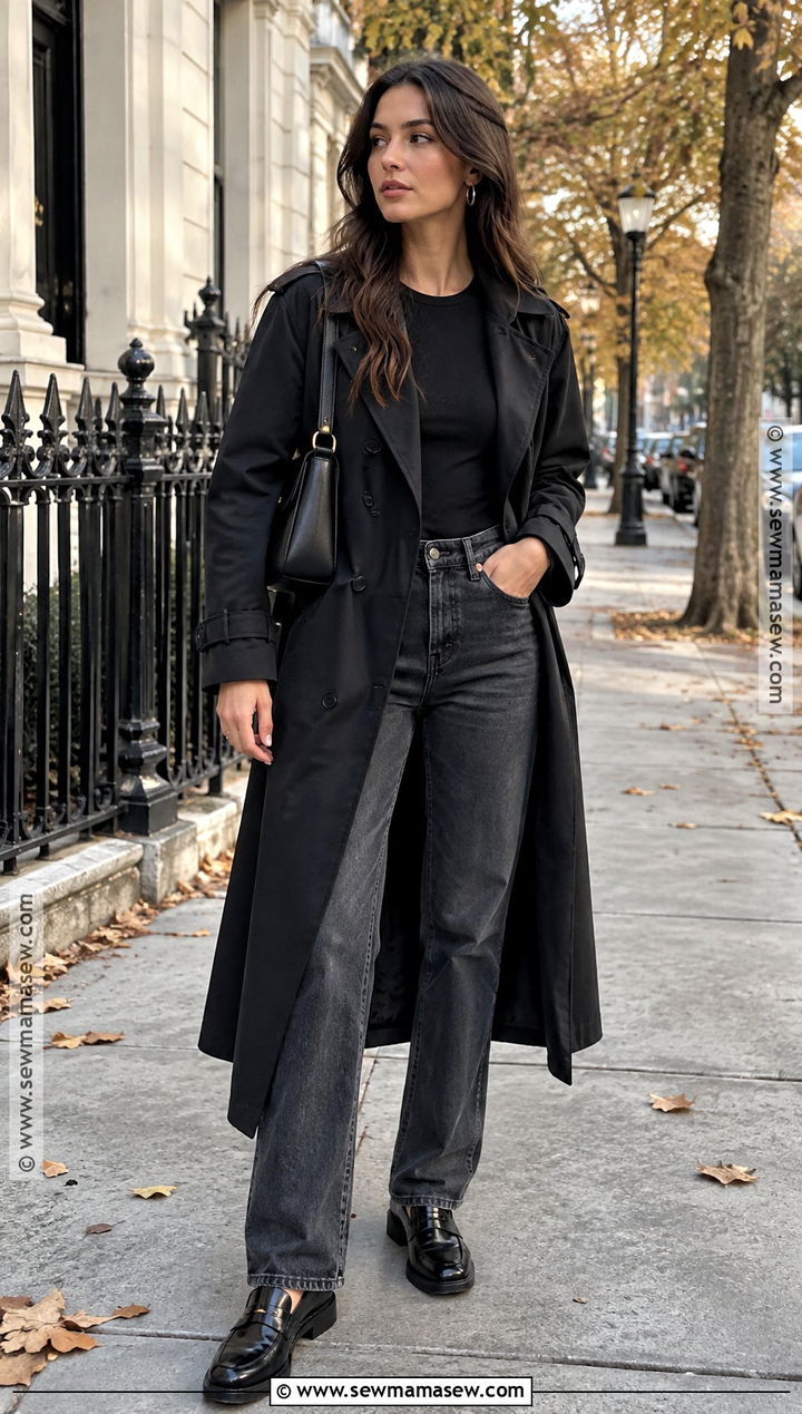 Black Trench Coat And Straight Leg Jeans Outfit - 15 Autumn Black Outfit Style Ideas