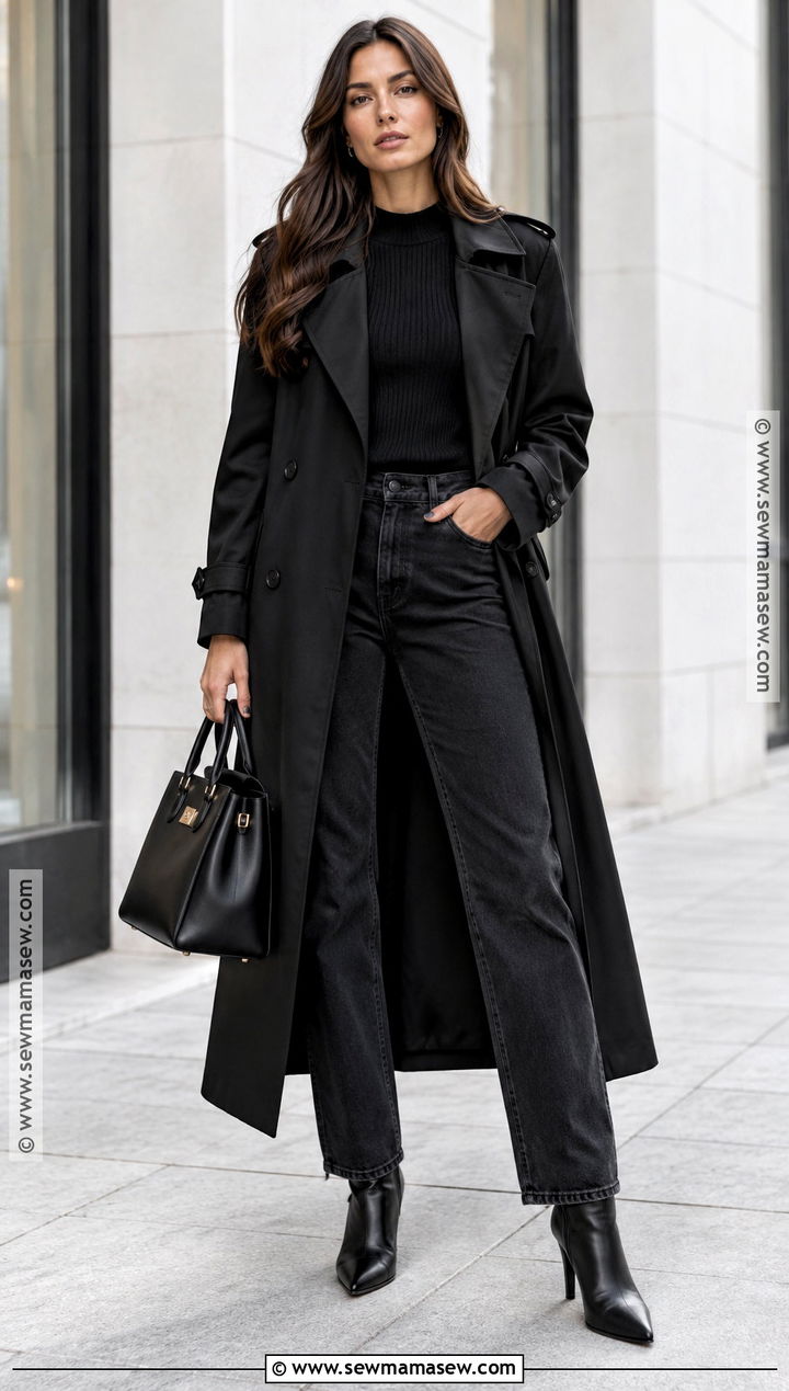 Black Trench Coat With All Black Basics - 25 trench coat outfit fall ideas