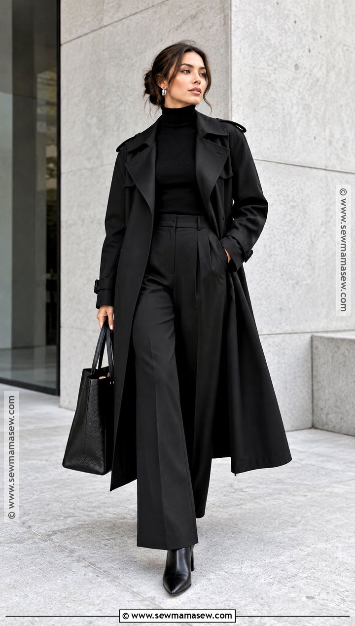 Black Trench Coat With Black Turtleneck And Trousers - 15 autumn trench coat ideas for women