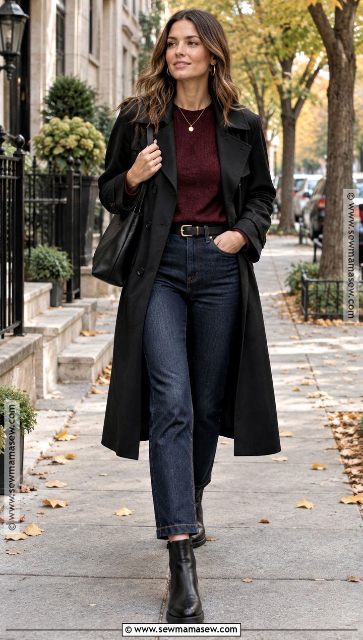 Black Trench Coat With Burgundy Sweater And Dark Jeans - 15 black trench coat outfit fall ideas