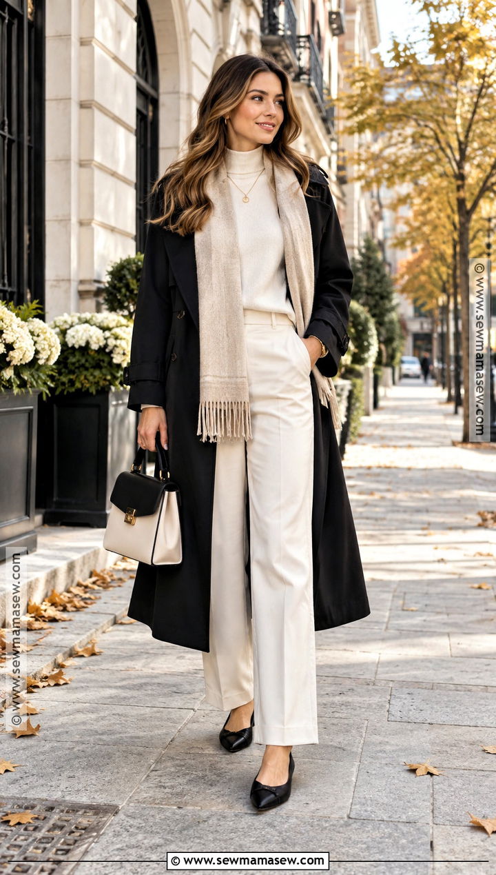 Black Trench Coat With Cream Monochrome Layers - 15 black trench coat outfit fall ideas