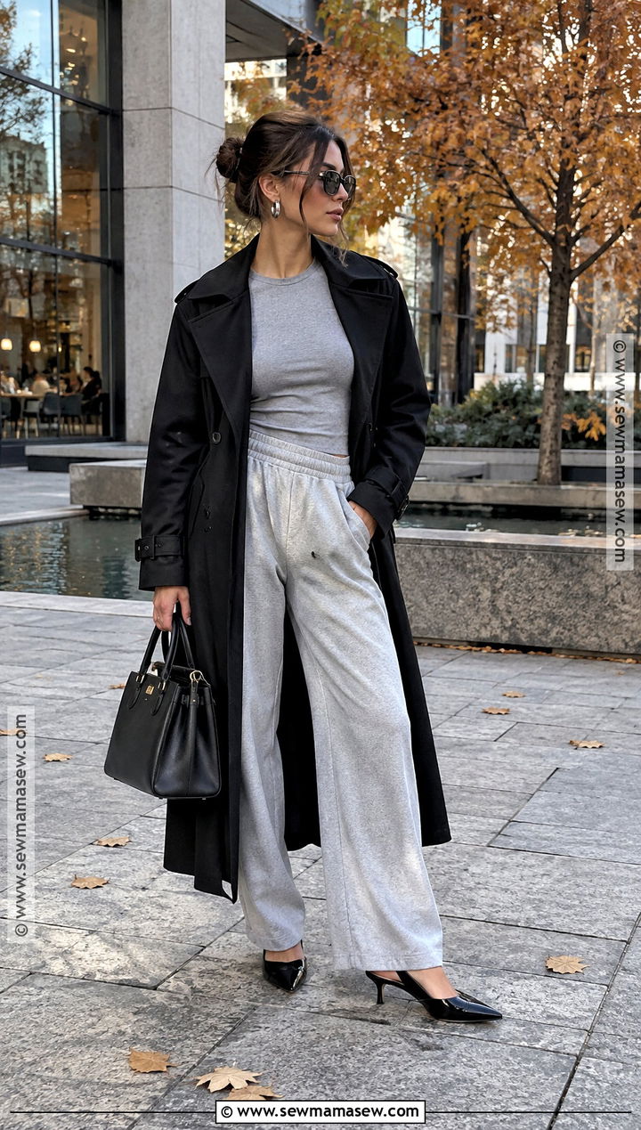 Black Trench Coat With Gray Sweatpants And Kitten Heels - 15 black trench coat outfit fall ideas