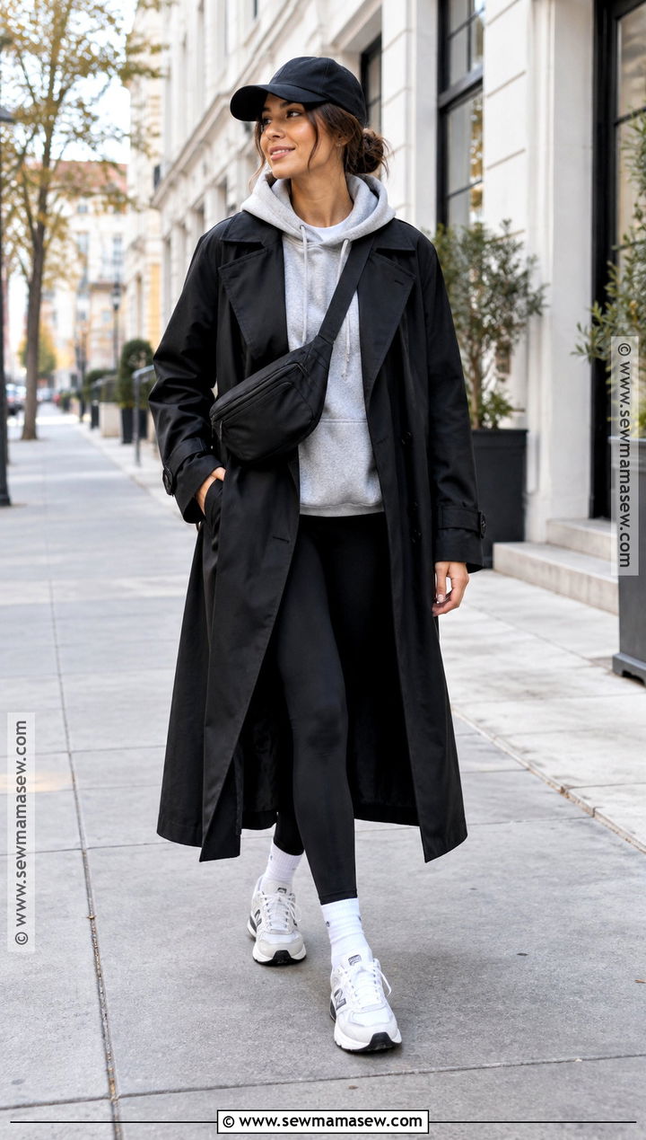 Black Trench Coat With Hoodie And Leggings - 15 black trench coat outfit fall ideas