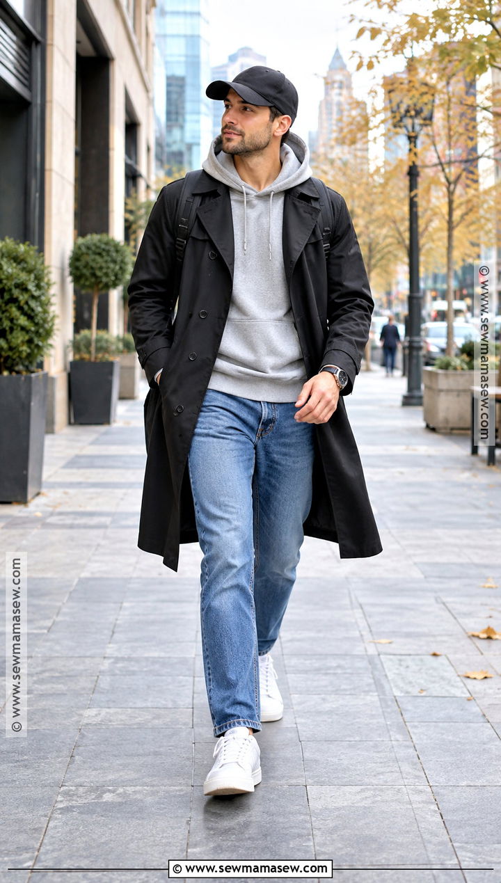 Black Trench Coat With Hoodie And Straight Jeans - 15 men's autumn trench coat ideas